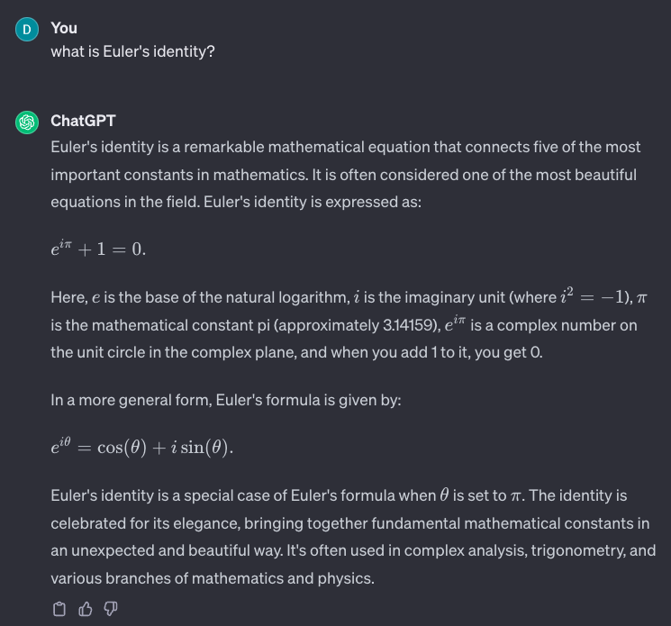 ChatGPT giving Euler Identity definition