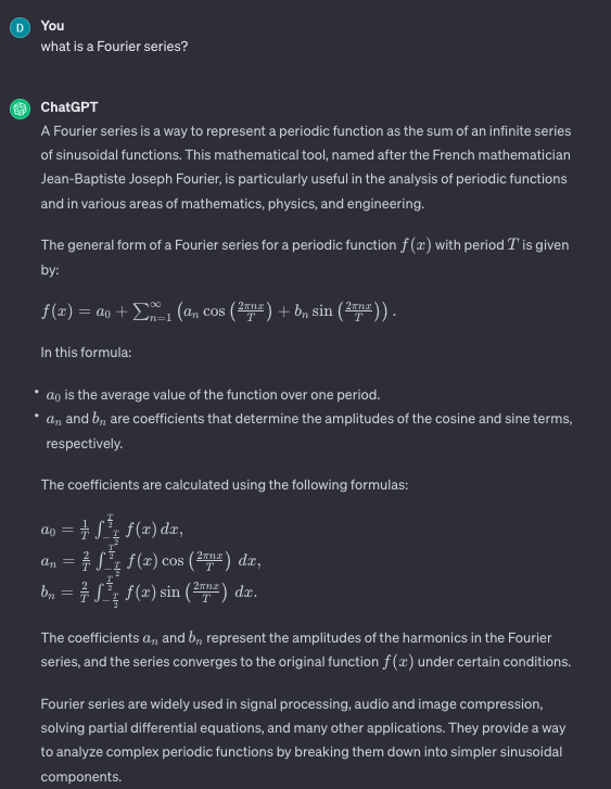 ChatGPT giving Fourier Series definition